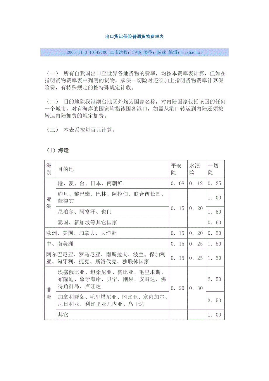 出口货运保险普通货物费率表_第1页