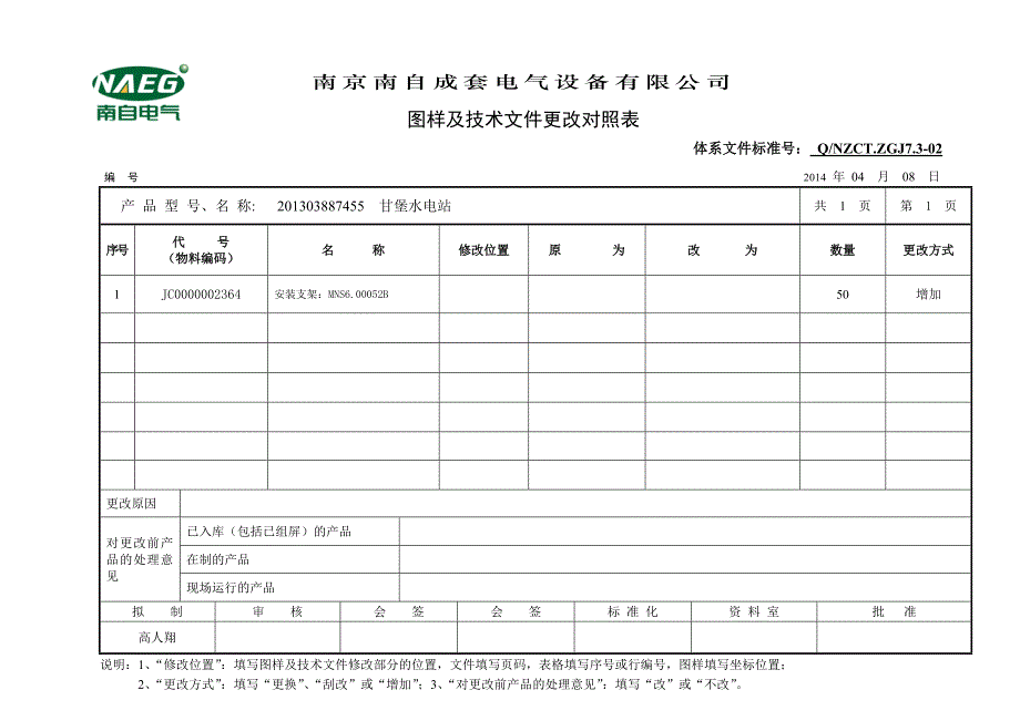 低压柜技术文件更改对照表_第1页