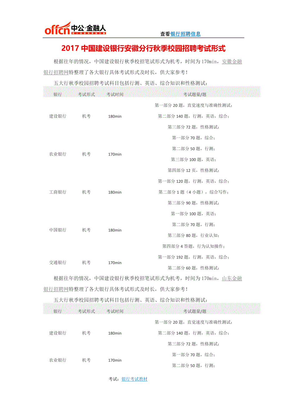 2017中国建设银行安徽分行秋季校园招聘考试形式_第1页
