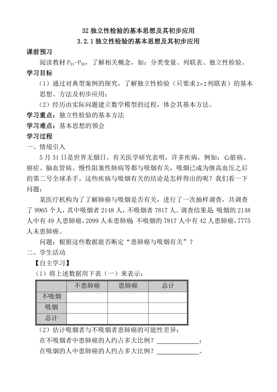 2017-2018学年高中数学人教A版选修（2-3）3.2《独立性检验的基本思想及其初步应用》word导学案_第1页