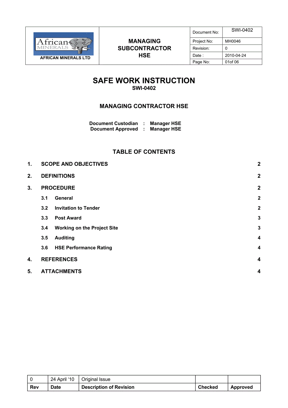 Managing Contractor(s) HSE Safe work instruction 安全工作指导 非洲矿业有限公司AML HSE安全管理制度 英文版_第1页