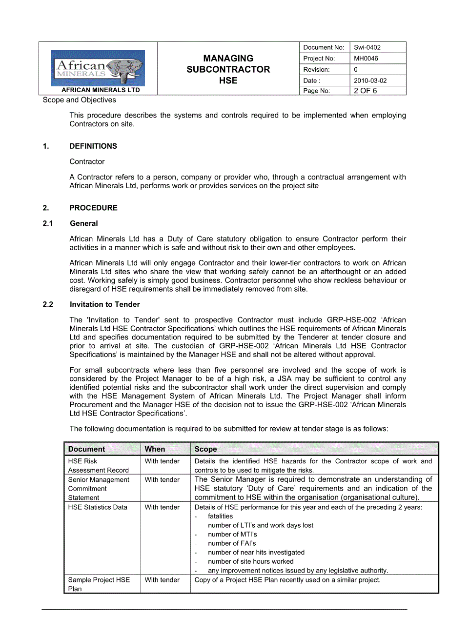 Managing Contractor(s) HSE Safe work instruction 安全工作指导 非洲矿业有限公司AML HSE安全管理制度 英文版_第2页