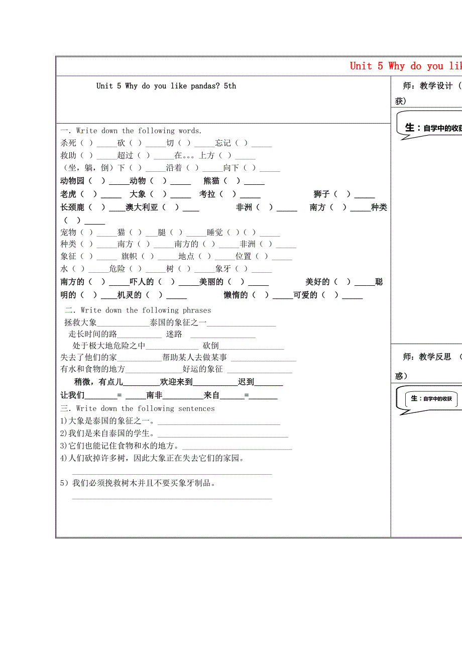 七年级英语下册Unit 5 Why do you like pandas period 5学案 人教新目标版_第1页