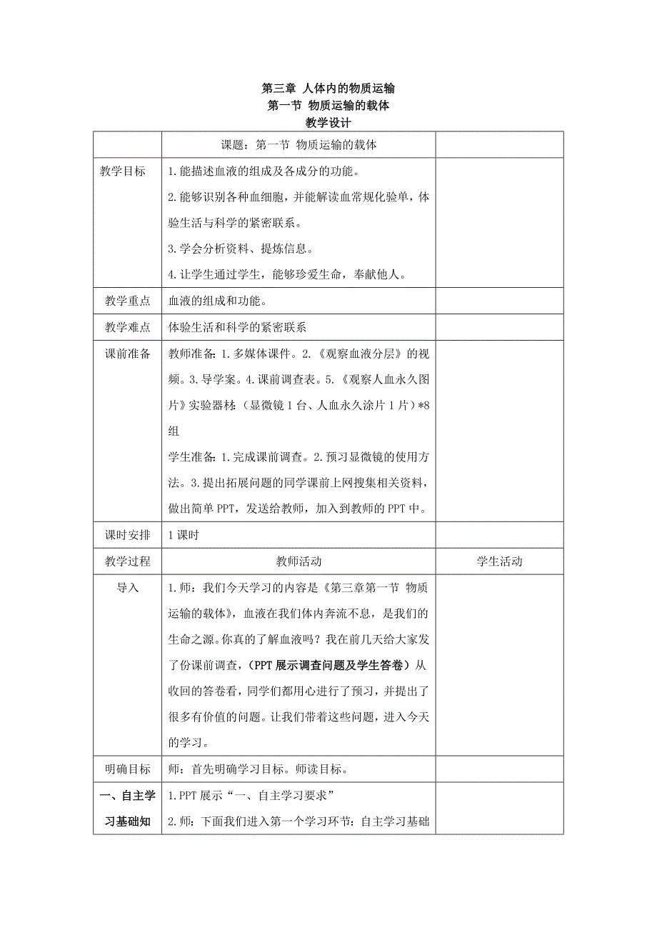 2018济南版生物七年级下册3.1《物质运输的载体》word教案_第1页