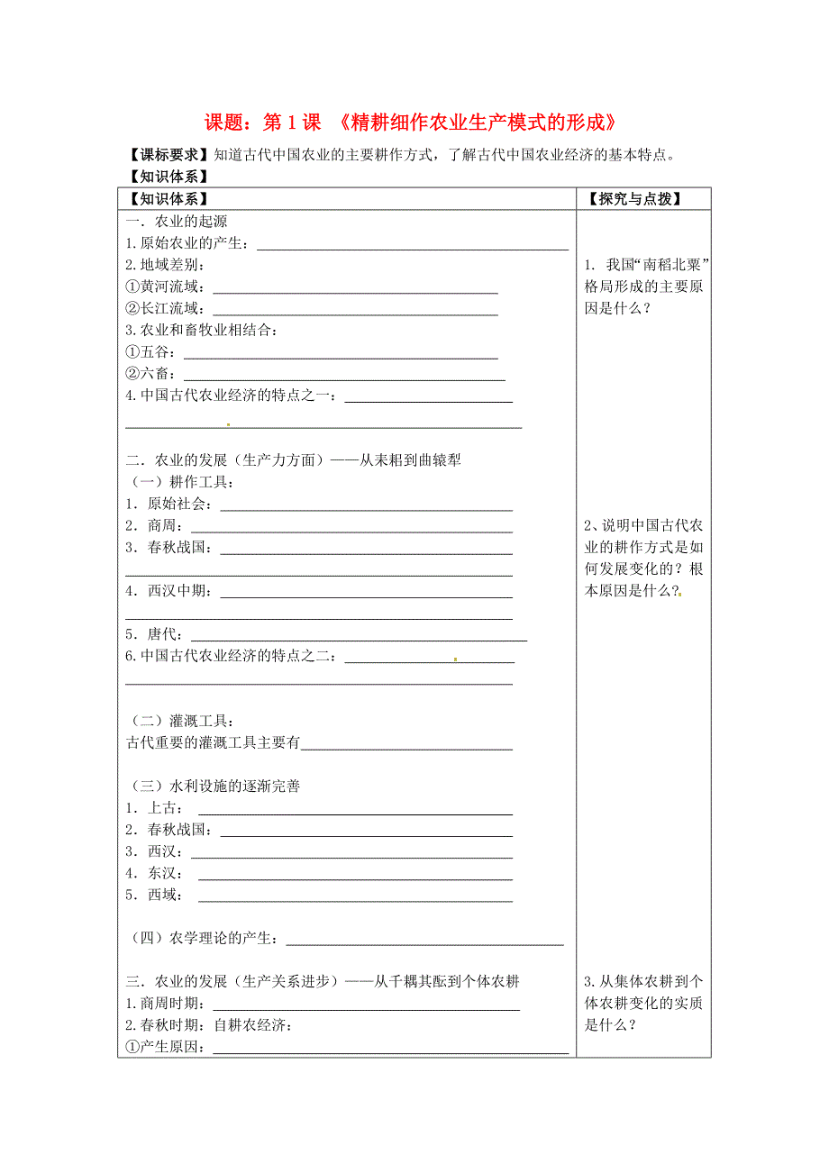 岳麓版历史必修2《精耕细作农业生产模式的形成》word学案_第1页