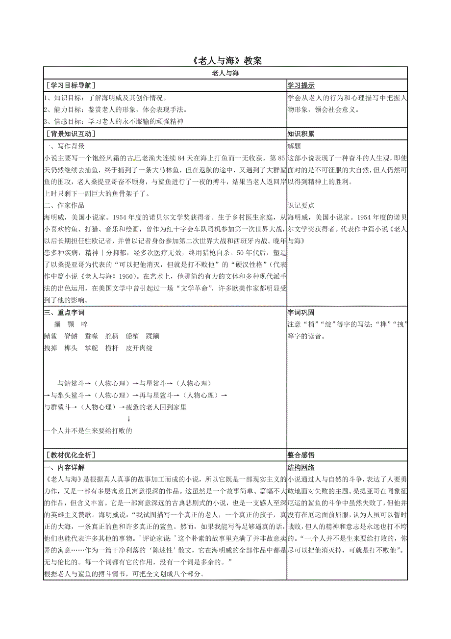 北京课改版语文九下《老人与海》word教案_第1页