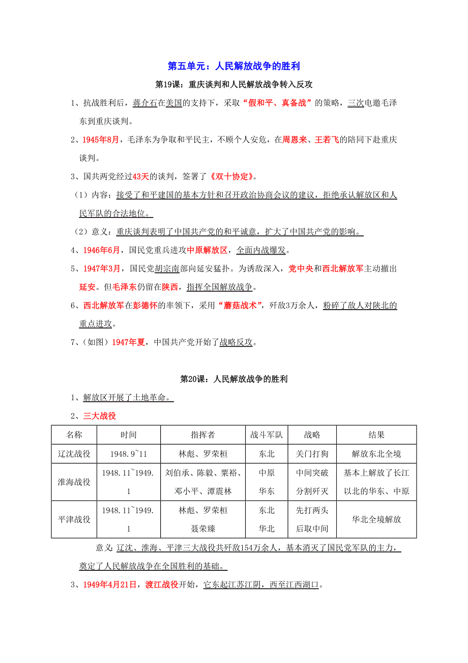 岳麓版八上第五单元《人民解放战争的胜利》word复习提纲_第1页