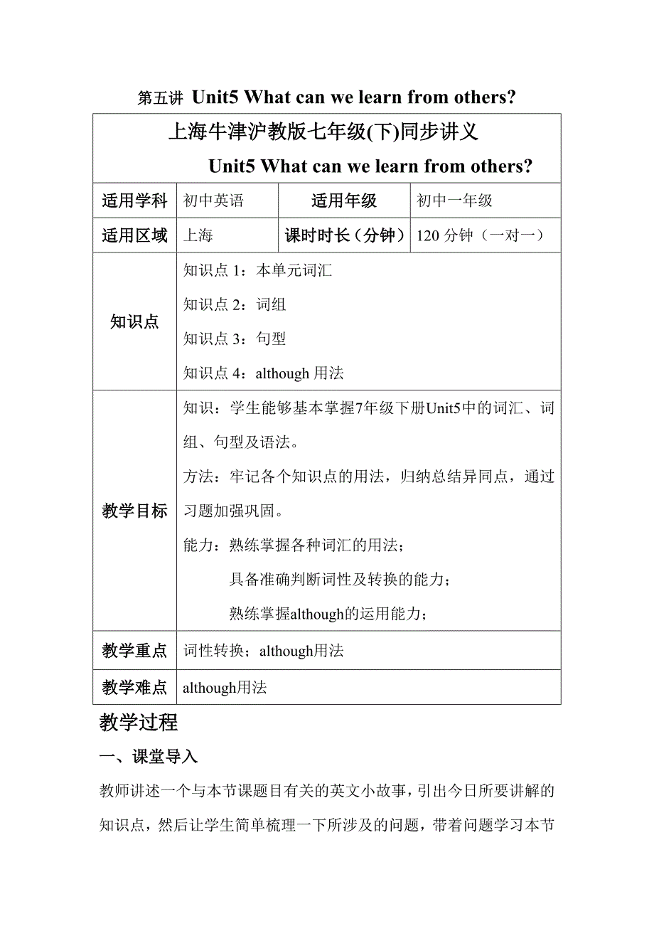 2018春牛津上海版英语七下Unit 5《What can we learn from others》word单元同步讲义_第1页