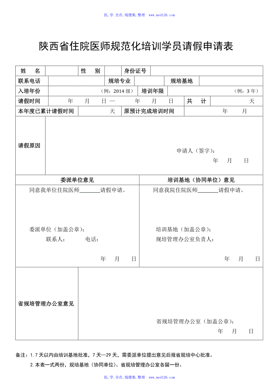 陕西省住院医师规范化培训学员请假申请表_第1页