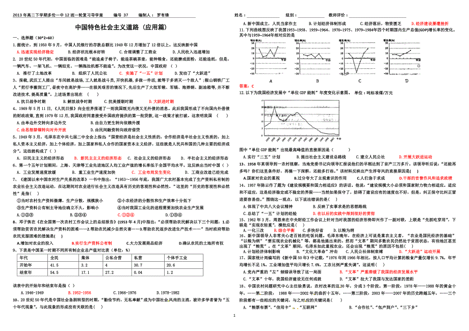 复习试题：中国特色社会主义建设的道路【人教版_第1页