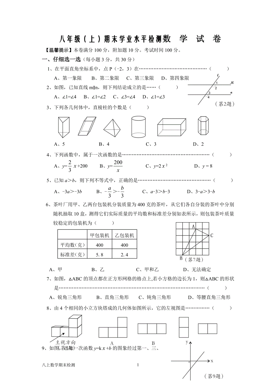 八年级（上）期末学业水平检测数  学  试  卷_第1页