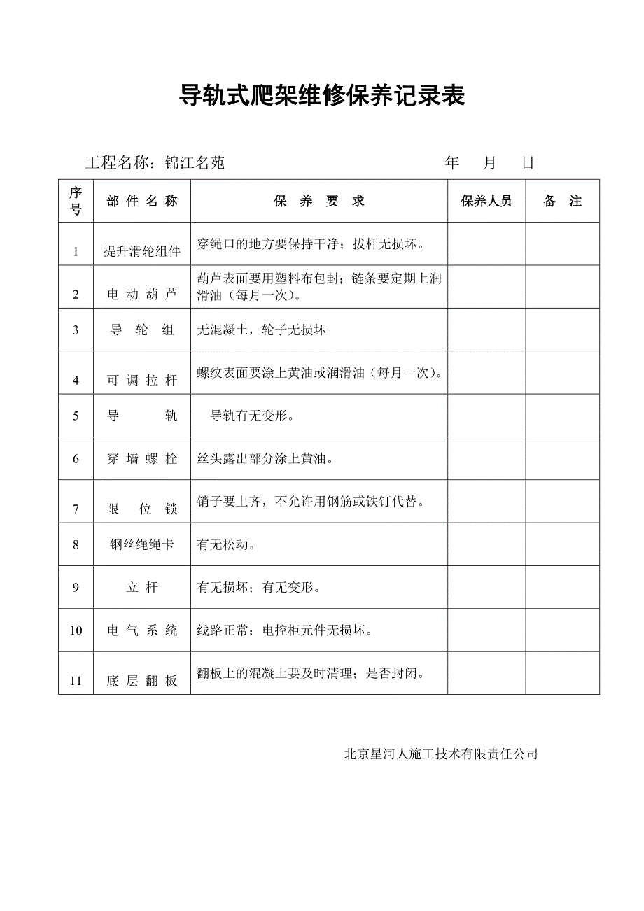 导轨式爬架维修保养记录表_第1页