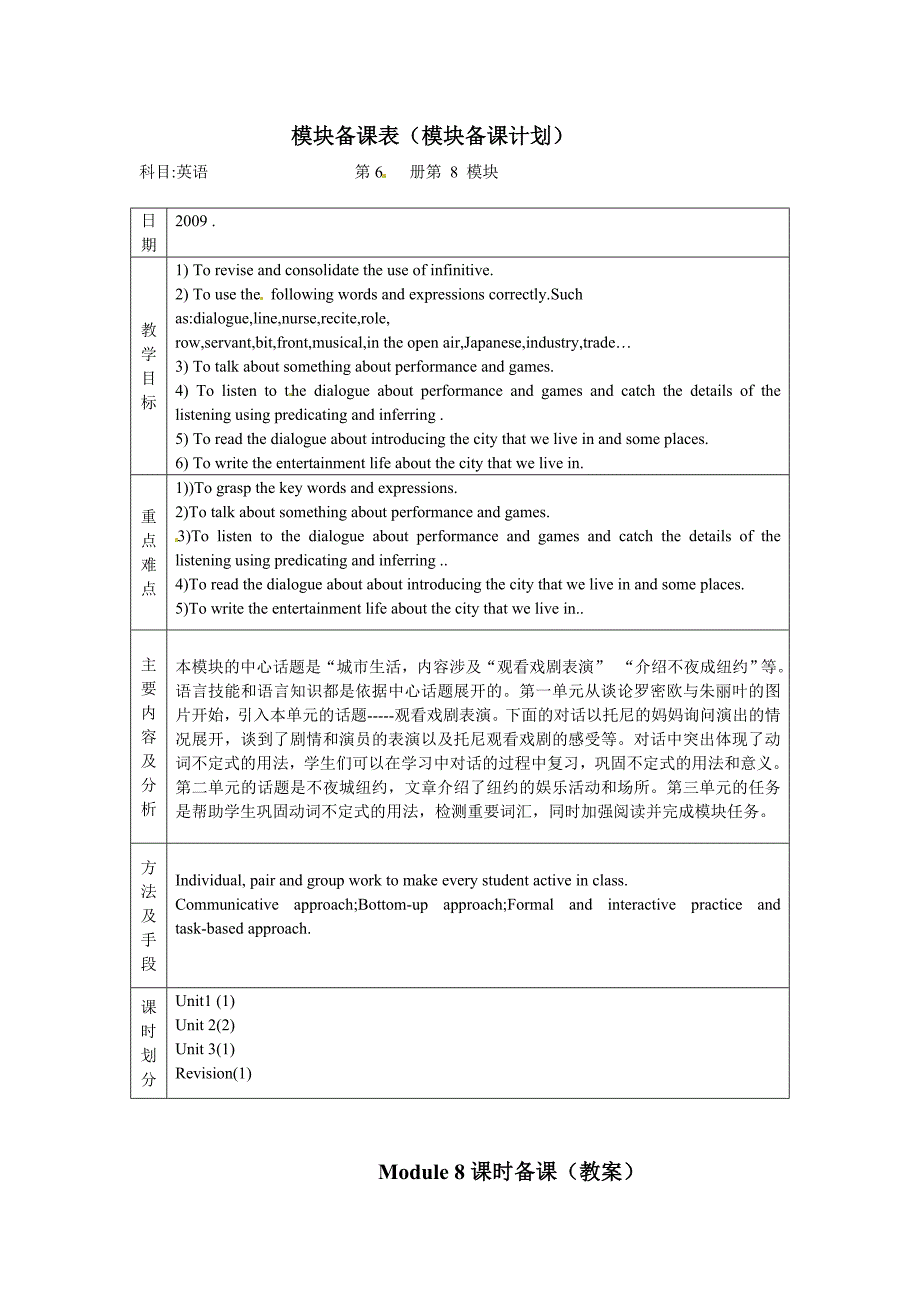 外研版英语九下《Module 8 On the town》word教案_第1页