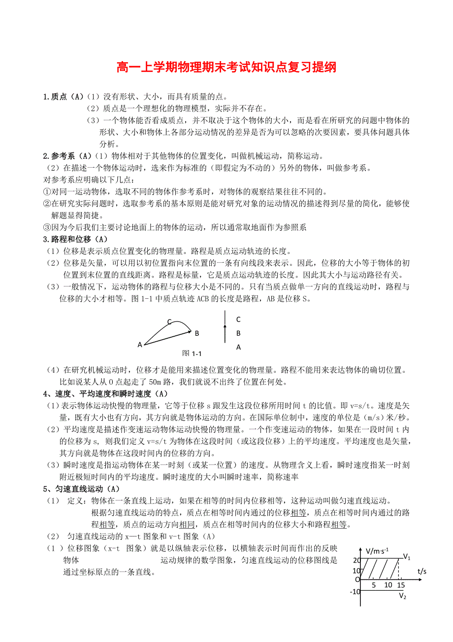 高一上学期物理期末考试知识点复习提纲_第1页