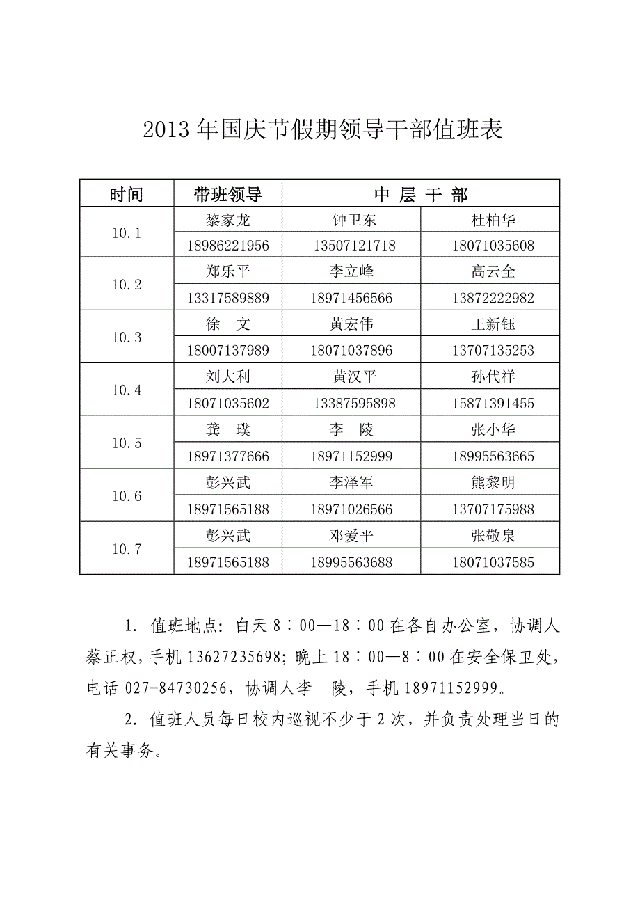 国庆节假期领导干部值班表_第1页