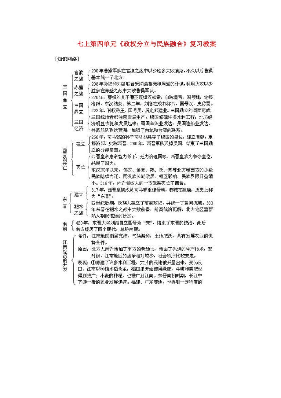 岳麓版历史七上《政权分立与民族融合》word复习教案_第1页