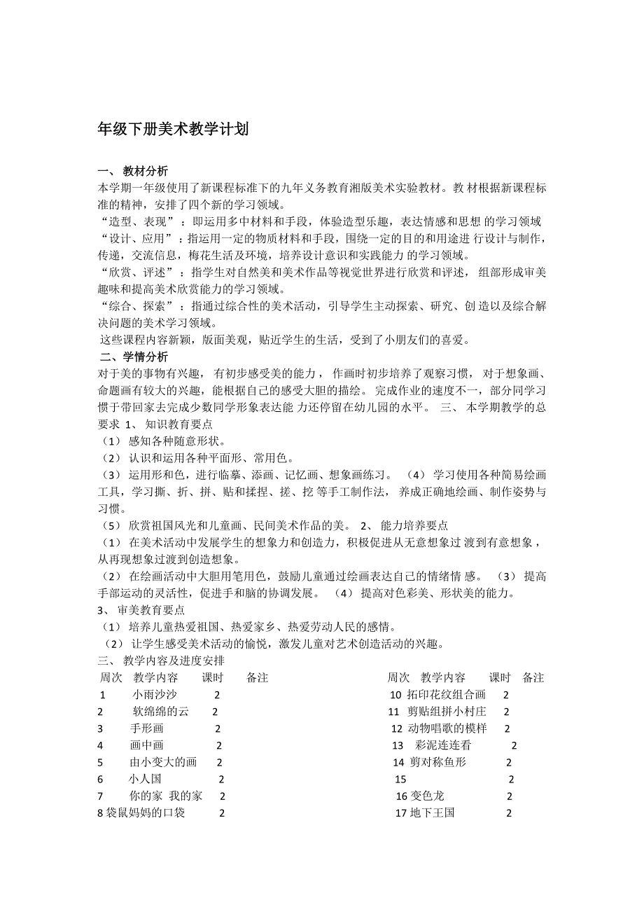 2018春湘美版美术一年级下册全册教案_第1页