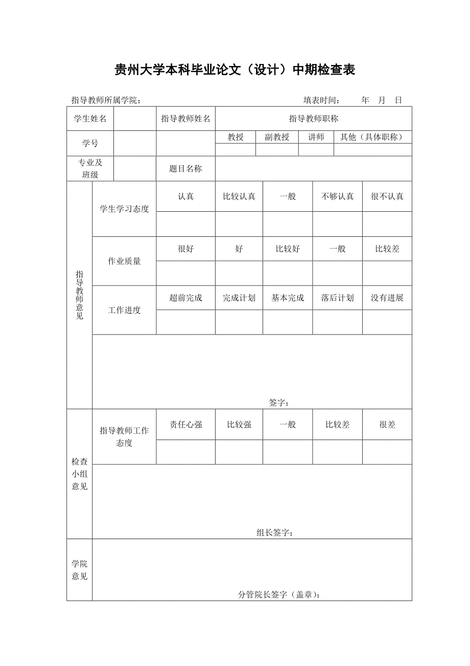 贵州大学本科毕业论文(设计)中期检查表_第1页