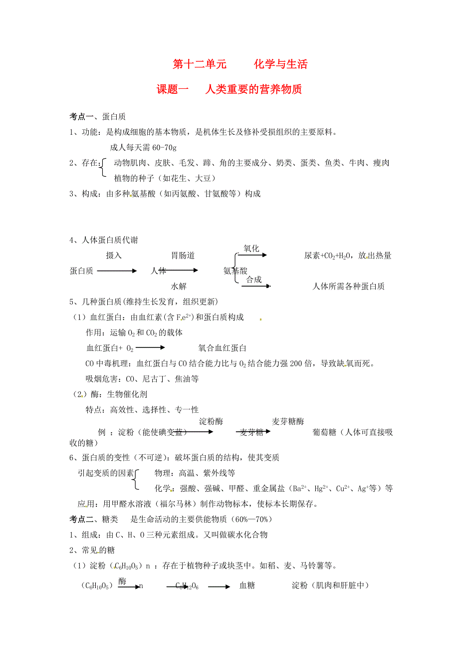 九年级化学下册 第十二单元 化学与生活《课题一 人类重要的营养物质》考点复习教案 新人教版_第1页