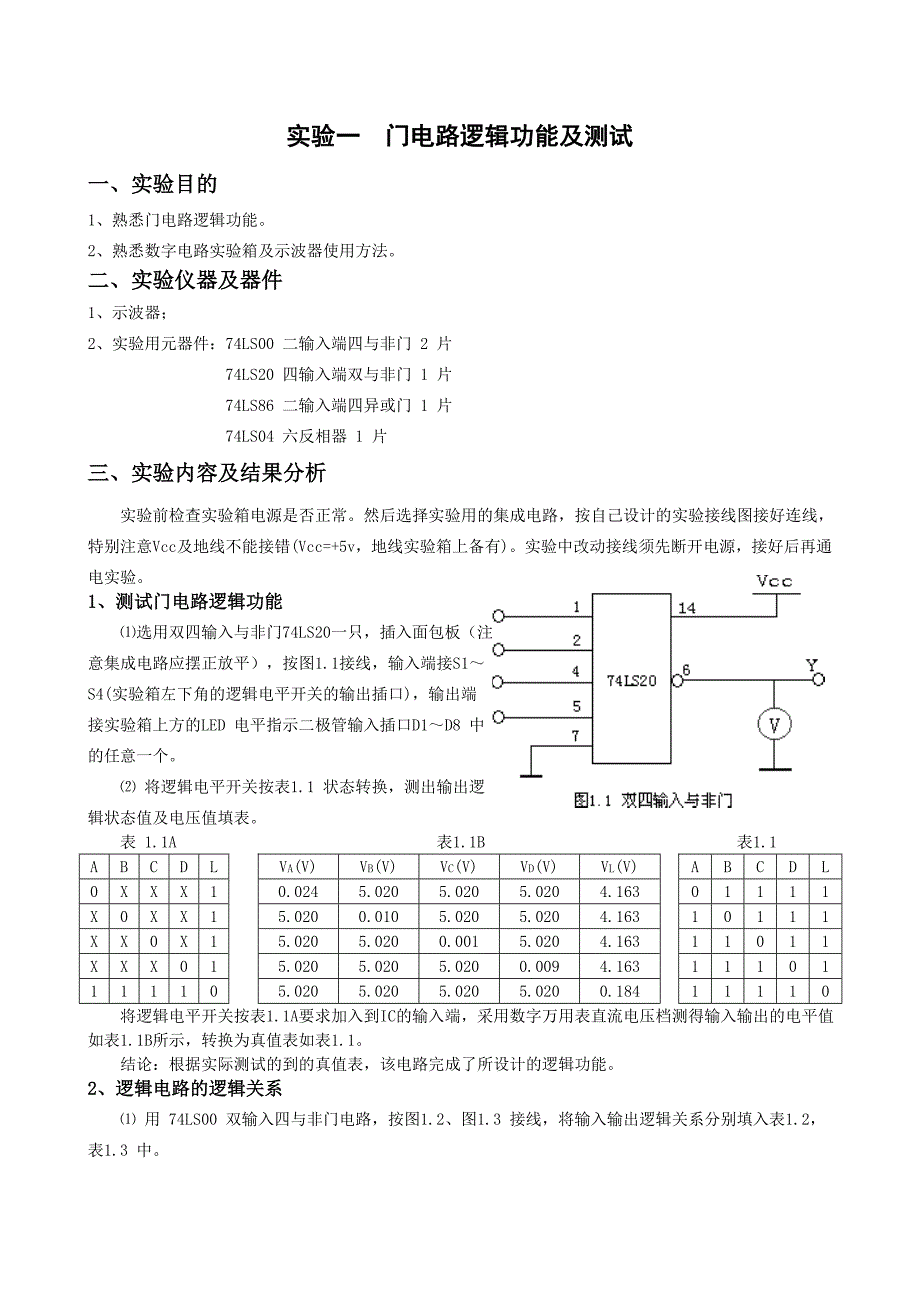 门电路逻辑功能及测试实验报告(有数据)_第1页