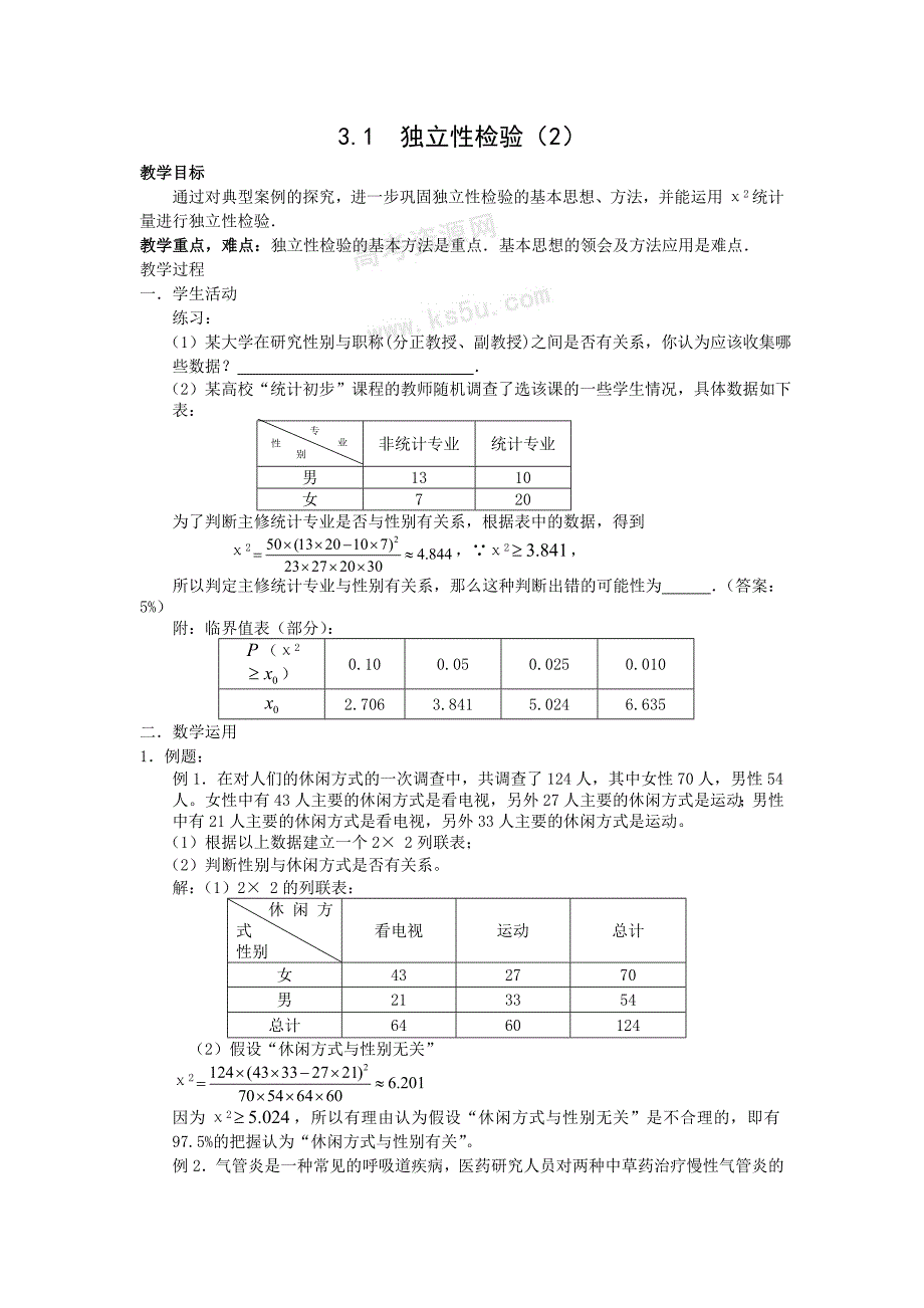 苏教版选修2-3高中数学3.1《独立性检验》word教案2_第1页