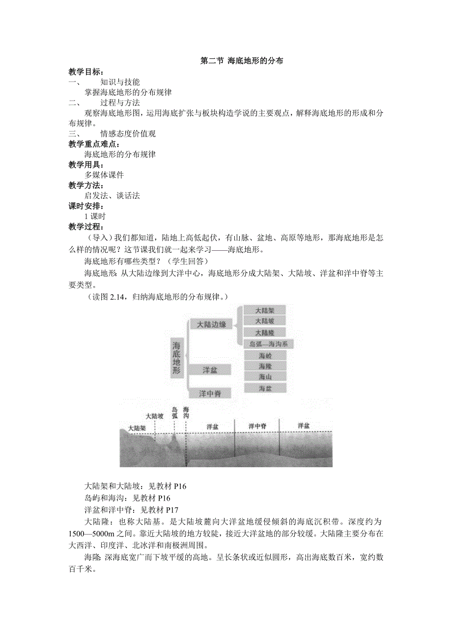 人教版高中地理选修二2.2《海底地形的分布》word教案_第1页