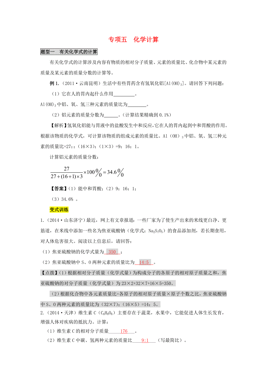 人教版中考化学专题复习五《化学计算》word教案_第1页