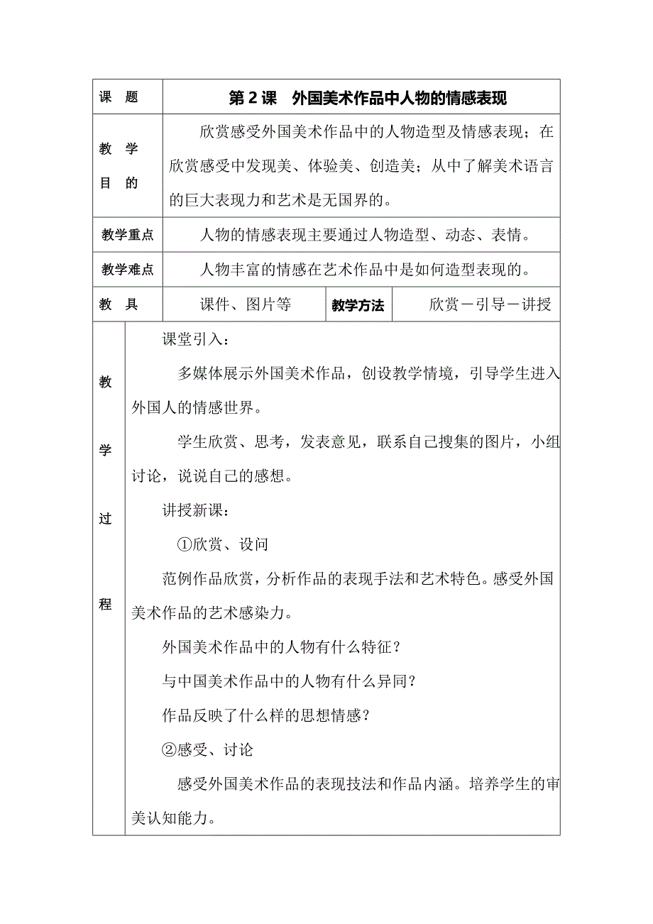 2018春岭南版美术五下第2课《外国美术作品中人物的情感表现》word教案_第1页