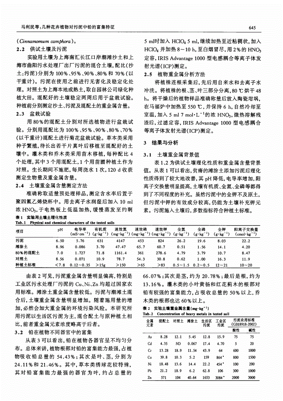 几种花卉植物对污泥中铅的富集特征_第2页