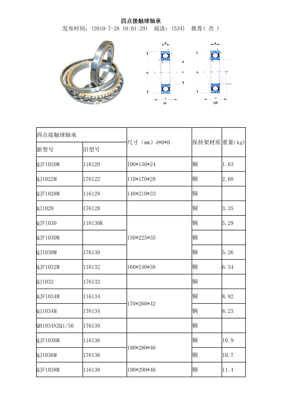 四点接触球轴承型号及规格_第1页