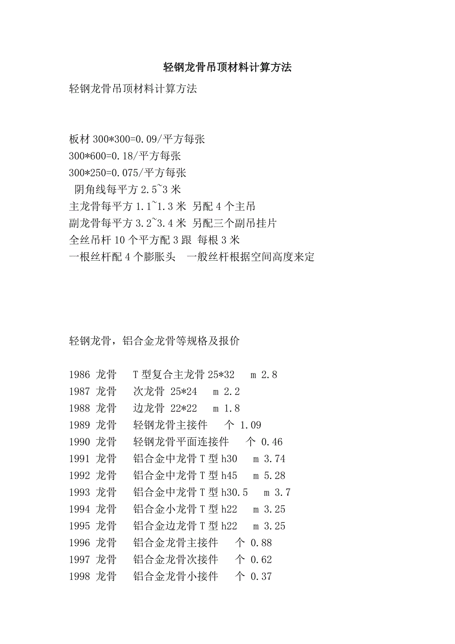 轻钢龙骨吊顶材料计算方法_第1页