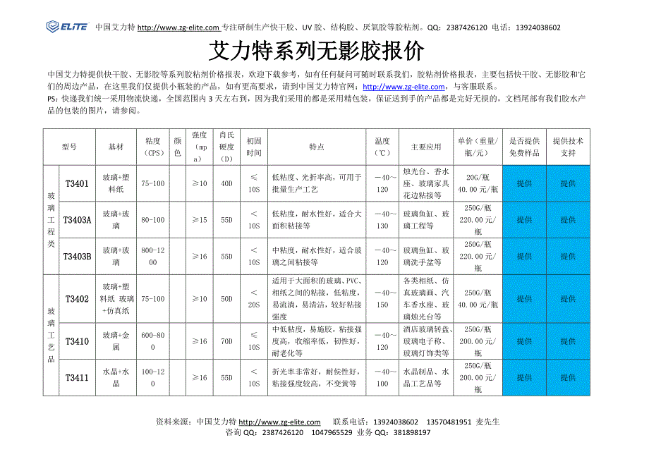 艾力特系列无影胶报价_第1页