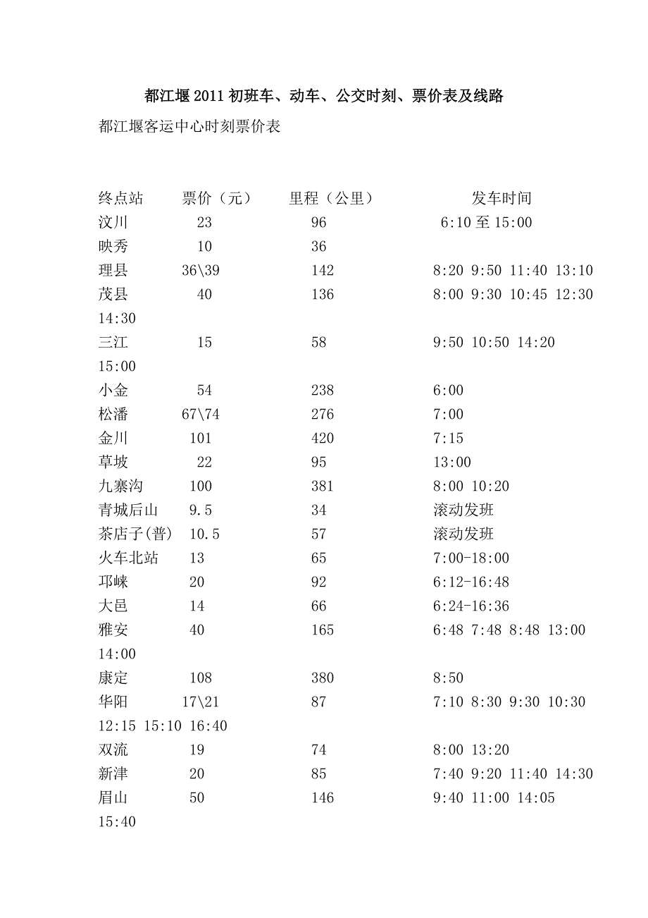 都江堰2011初班车、动车、公交时刻、票价表及线路_第1页