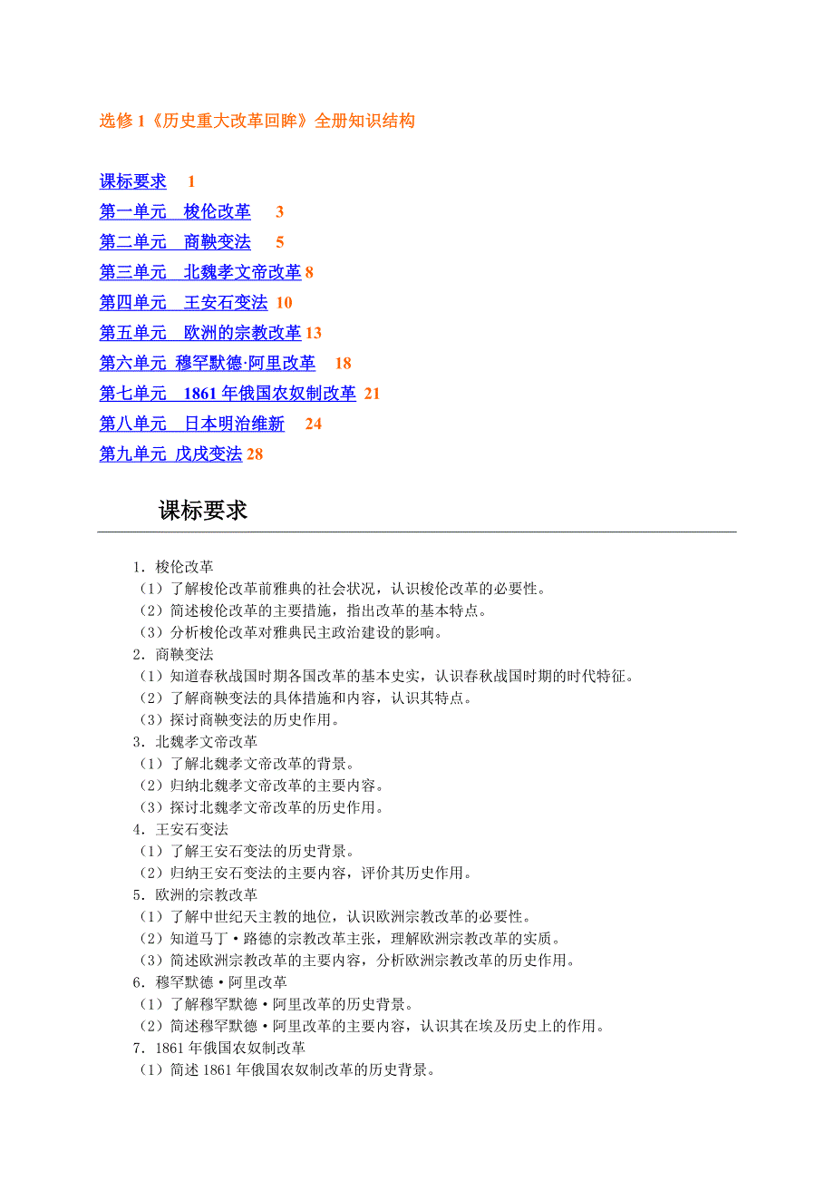 人教版历史选修1《_历史重大改回眸》全册知识结构_第1页