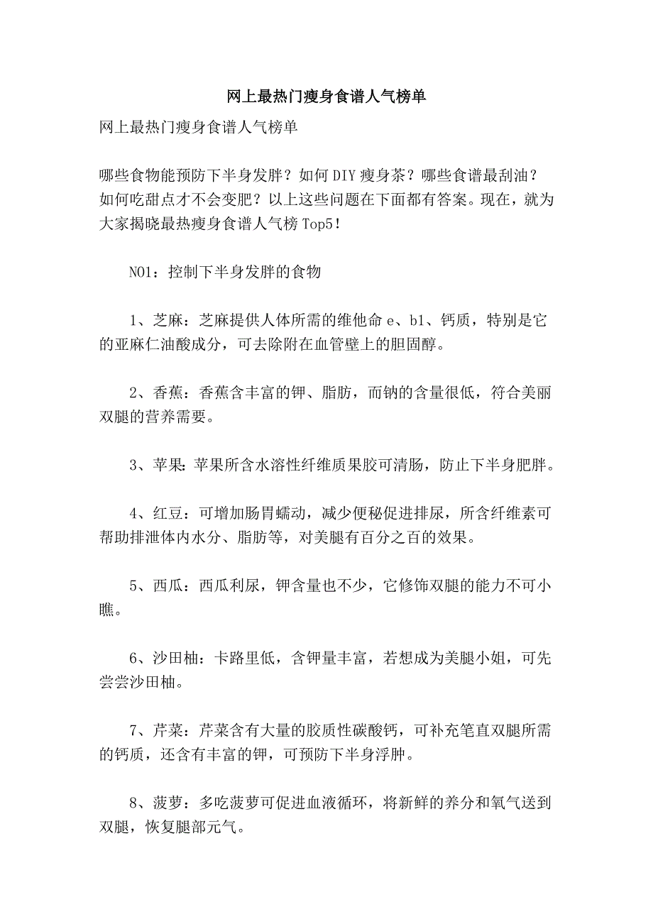 网上最热门瘦身食谱人气榜单_第1页