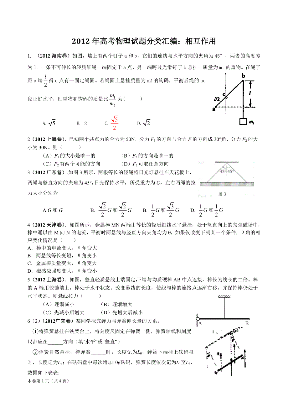 2012年高考物理试题分类汇编02相互作用_第1页