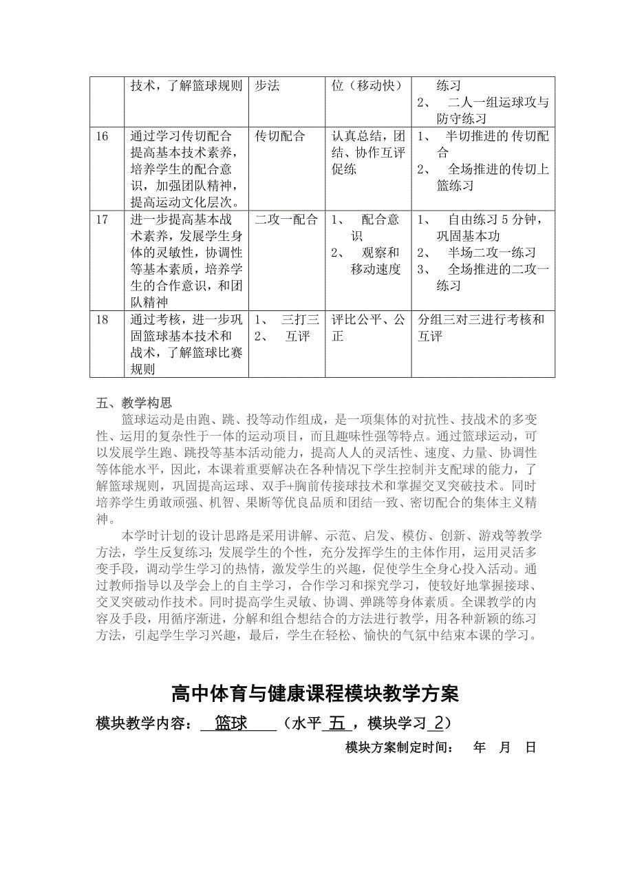 高中模块教学计划与教学设计——篮球模块(方案二)_第5页