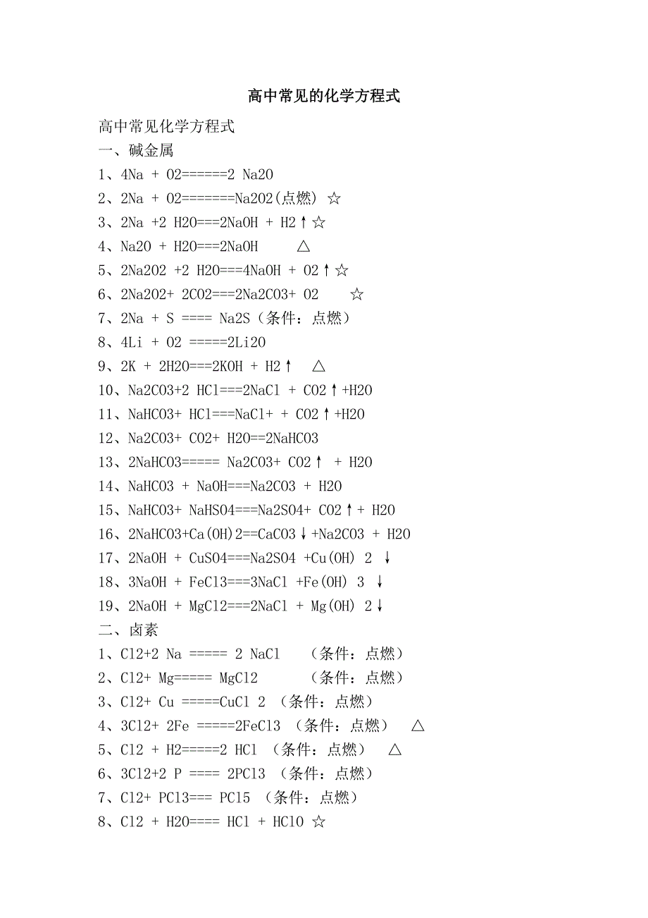 高中常见的化学方程式_第1页