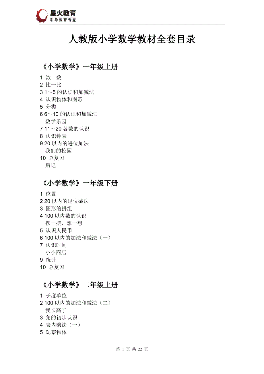 人教版数学小学、初中、高中教材目录_第1页
