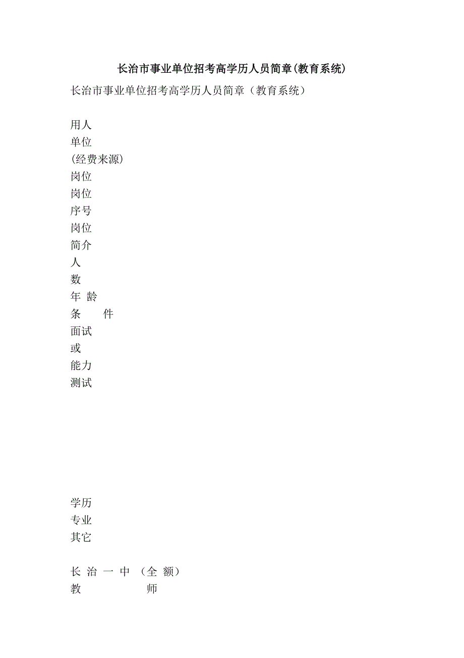 长治市事业单位招考高学历人员简章(教育系统)_第1页