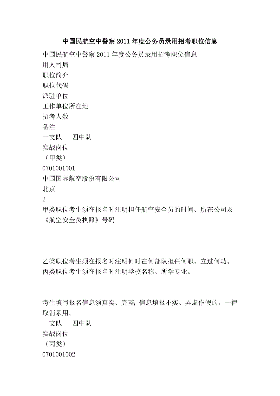 中国民航空中警察2011年度公务员录用招考职位信息_第1页