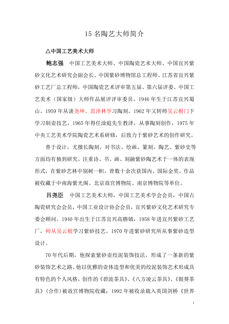 十五名陶艺大师情况介绍_第1页