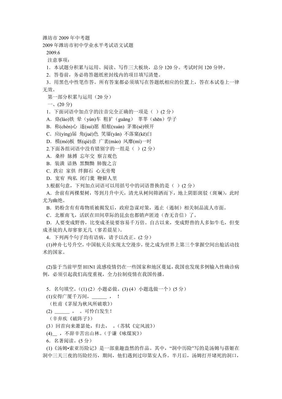 2009年山东省潍坊市中考语文试题(含答案)_第1页