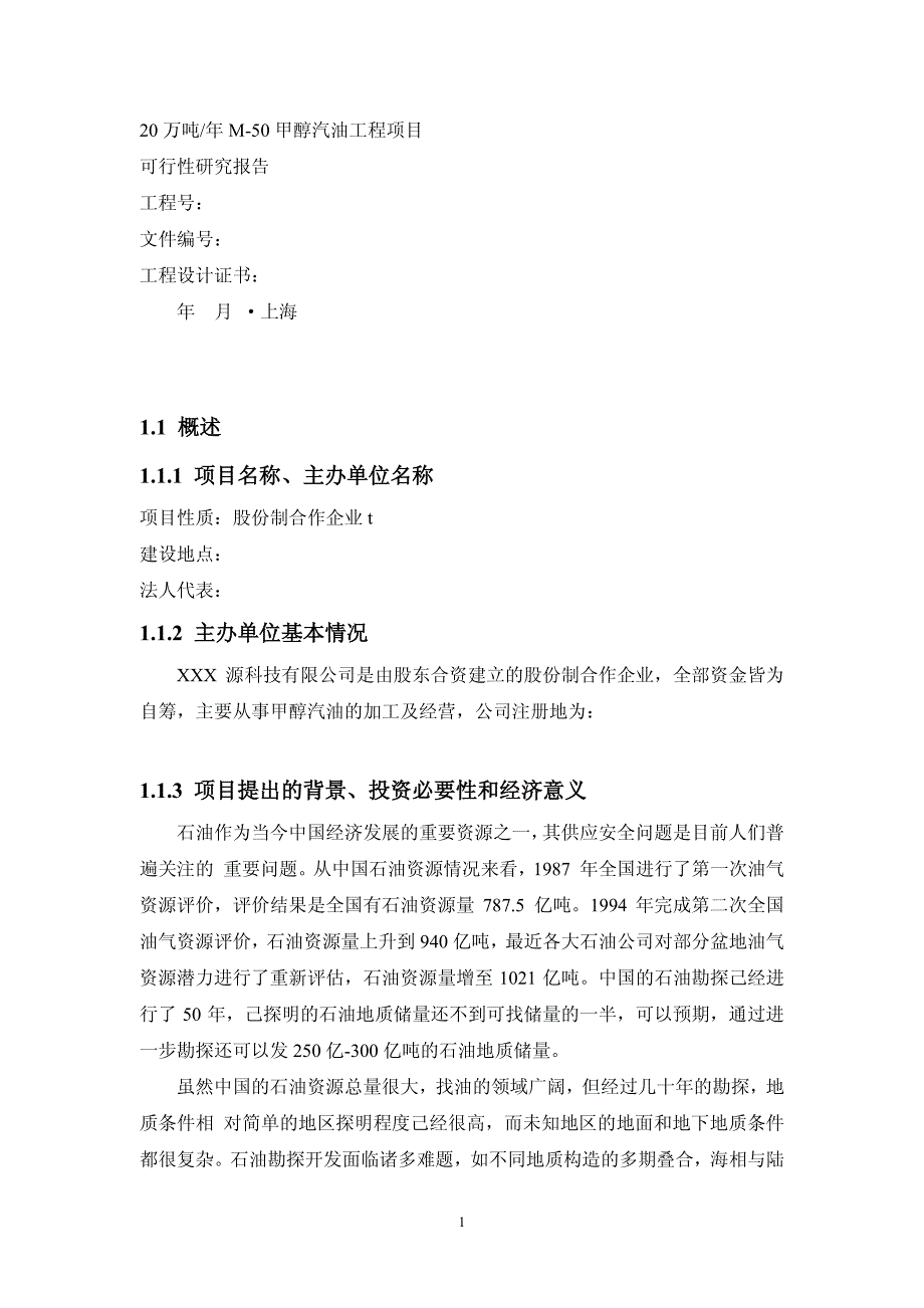 醇基燃料项目可行性报告_第1页