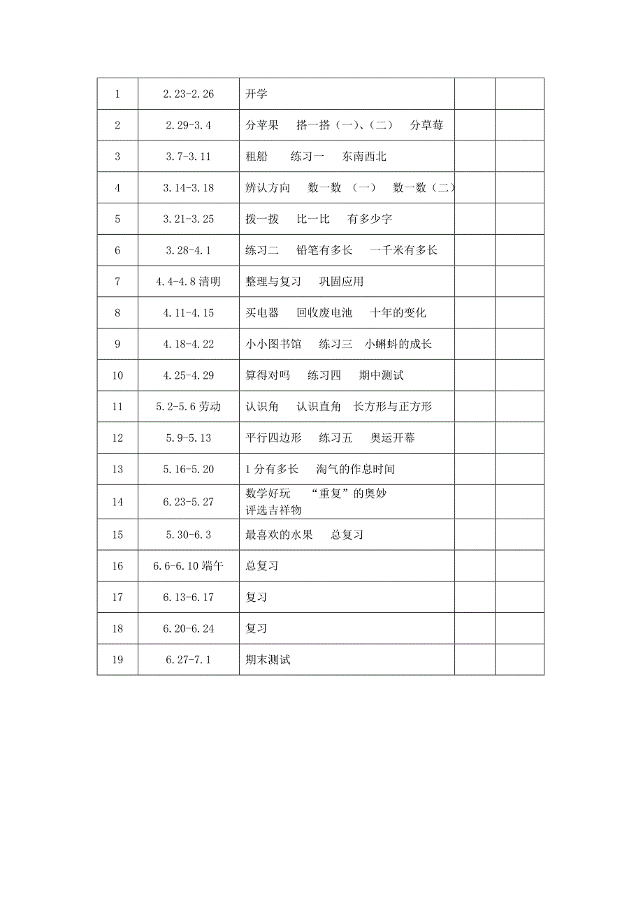 2016年新北师大版二年级数学下册第四册教学计划及进度表 （2）_第3页