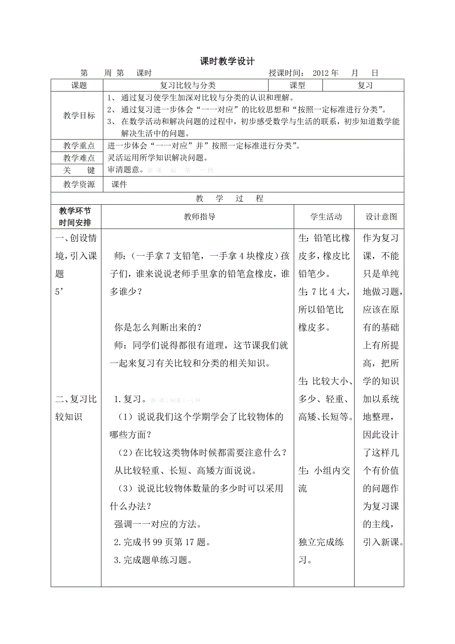 2012新北师大一年级数学上册总复习比较和分类教案_第1页