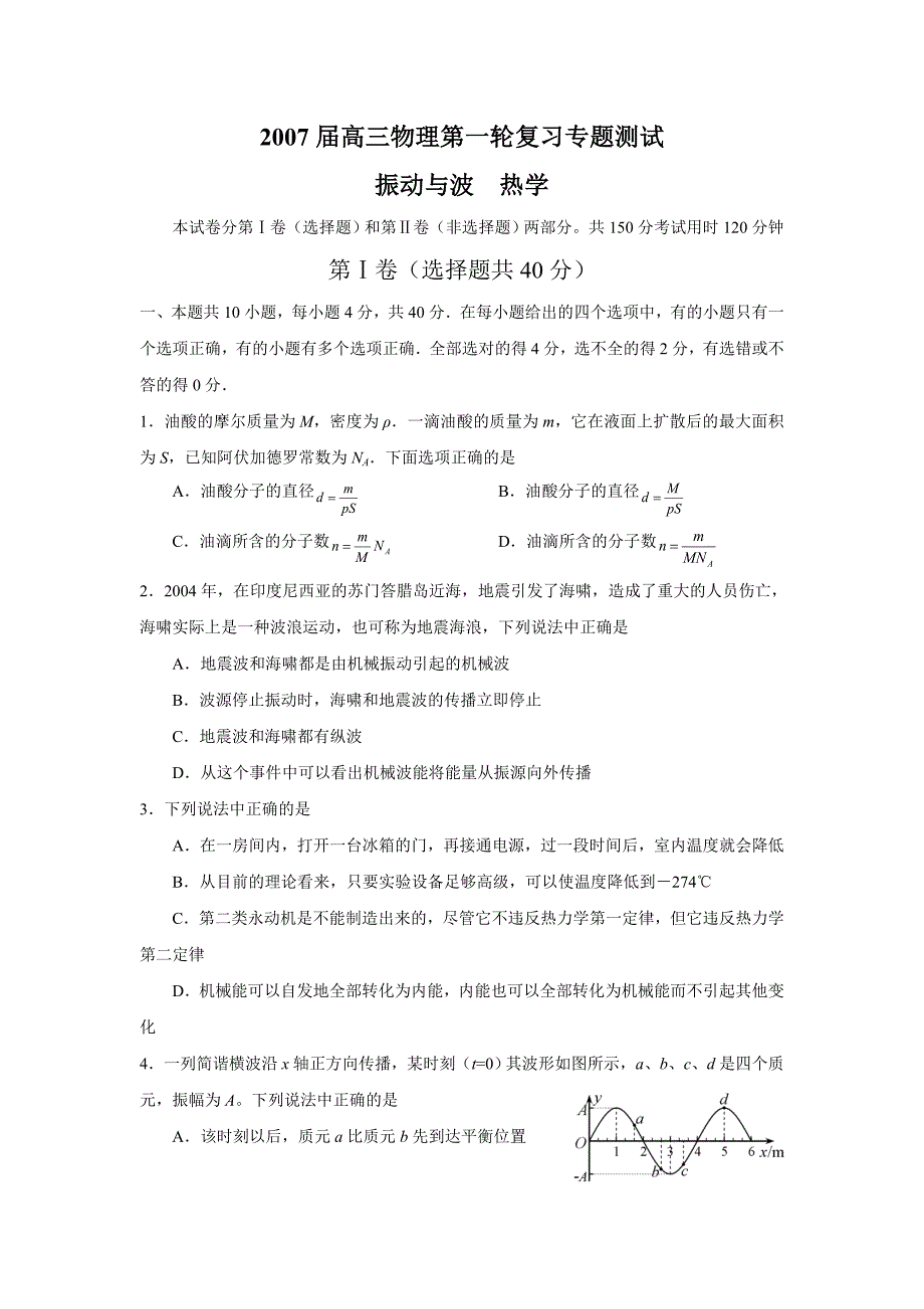 2007届高三物理第一轮复习专题测试（振动与波热学）_第1页