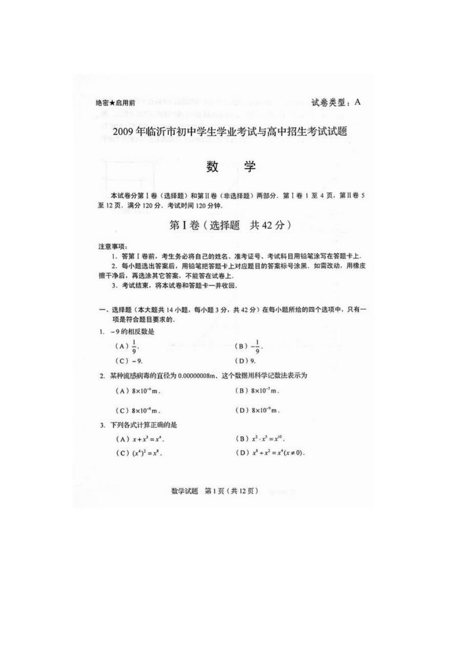 2009年临沂市中考数学试卷及答案_第1页