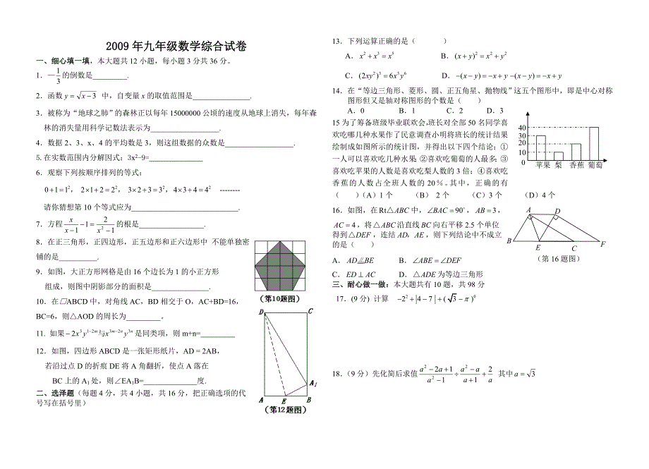 2009年九年级数学综合模拟冲刺试卷及答案_第1页