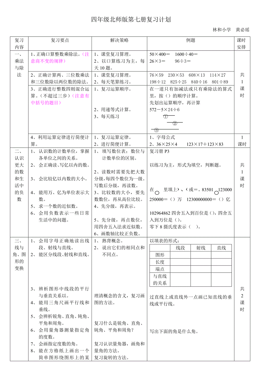 北师大版小学数学第七册复习计划_第1页
